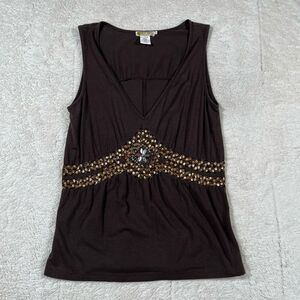 Vintage Y2K Nylon V Neck Brown Beaded Sequin Women’s Tank Top Shirt